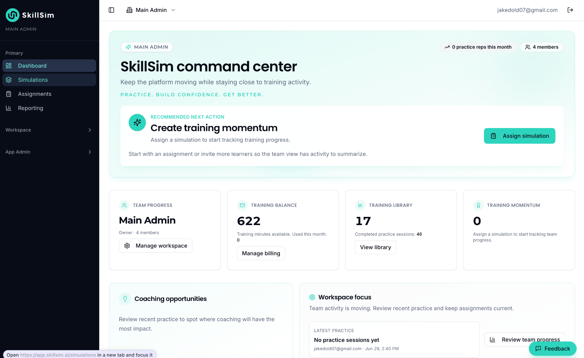 SkillSim admin dashboard showing team progress, training balance, and library.